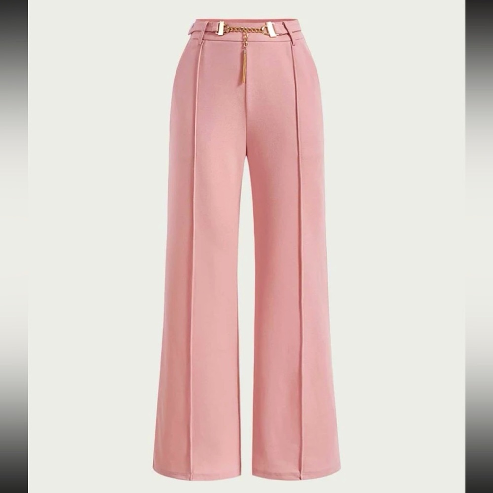 Blush Pink High Rise Belted Wide-leg Dress Pants